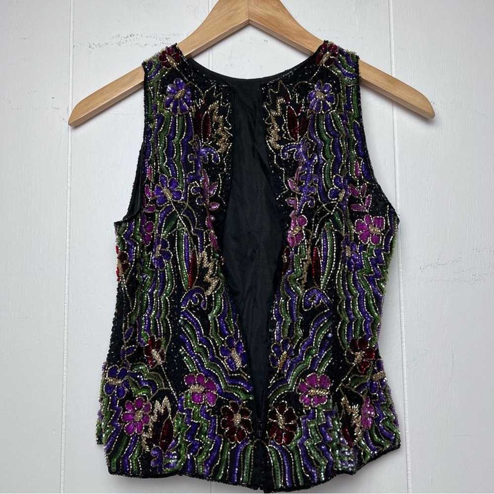 Vintage Black Gold Multi Floral Beaded Sleeveless… - image 11