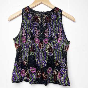 Vintage Black Gold Multi Floral Beaded Sleeveless… - image 1