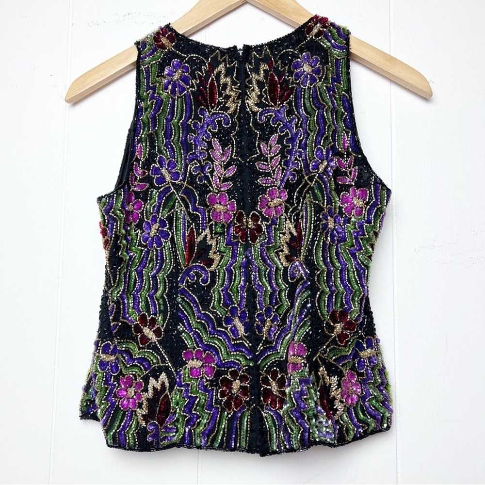 Vintage Black Gold Multi Floral Beaded Sleeveless… - image 4