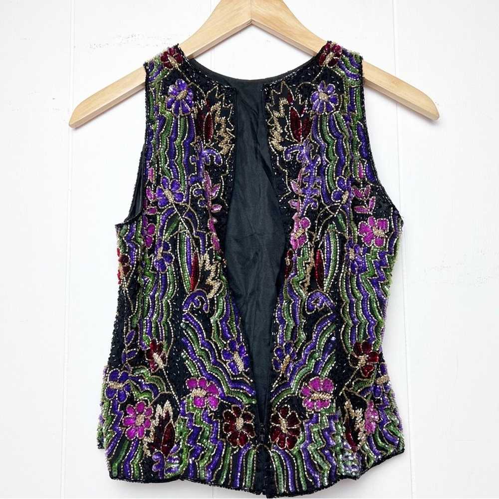 Vintage Black Gold Multi Floral Beaded Sleeveless… - image 5