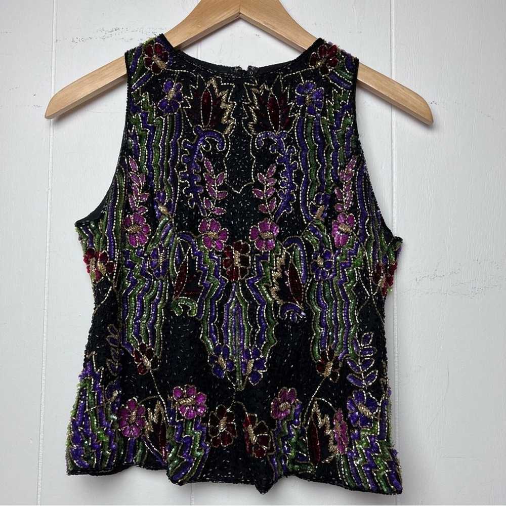 Vintage Black Gold Multi Floral Beaded Sleeveless… - image 7