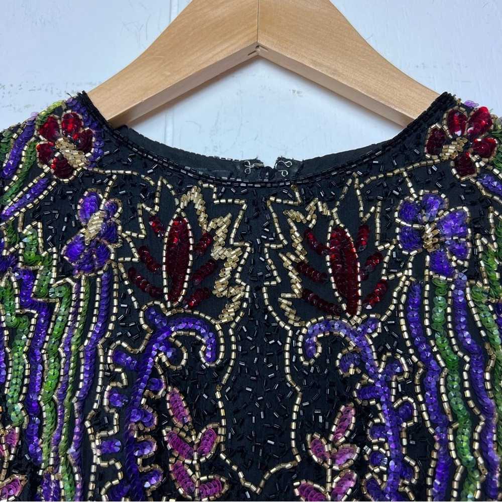 Vintage Black Gold Multi Floral Beaded Sleeveless… - image 9