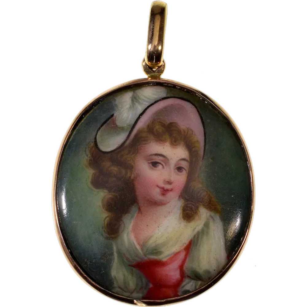 Antique Georgian 9K Gold Enamel Portrait Pendant … - image 1