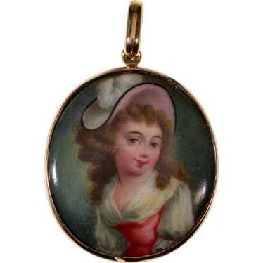 Antique Georgian 9K Gold Enamel Portrait Pendant … - image 1