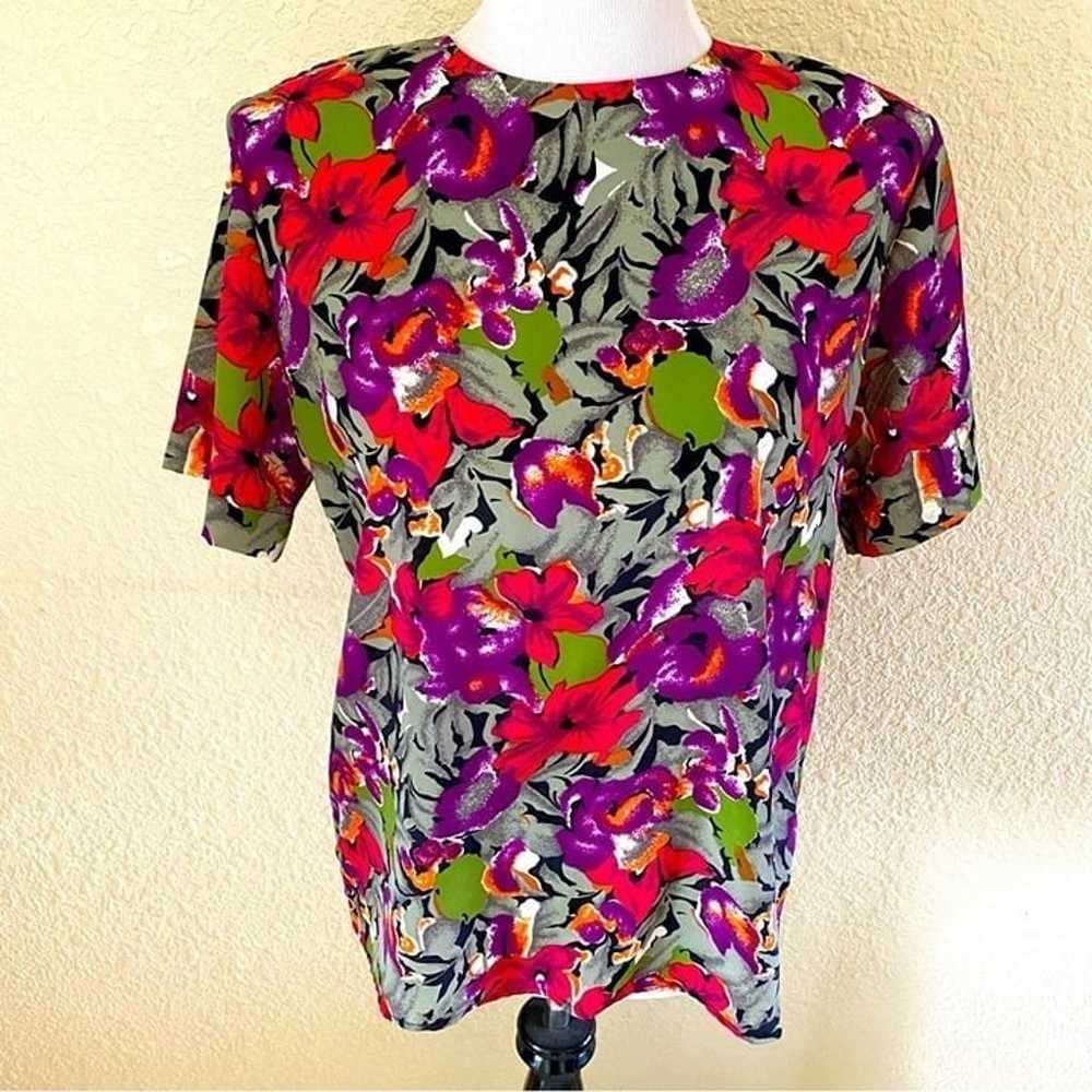 Notations Vintage 80s 90s Floral Satin Blouse Shi… - image 1