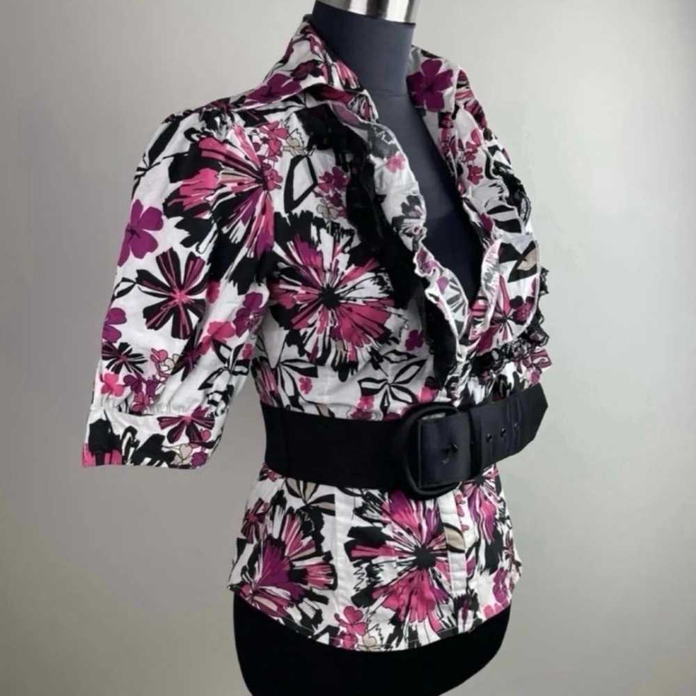 Floral Print Collar Belted Pink Multicolor Ruffle… - image 12