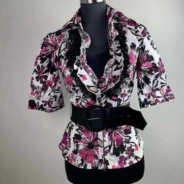 Floral Print Collar Belted Pink Multicolor Ruffle… - image 1