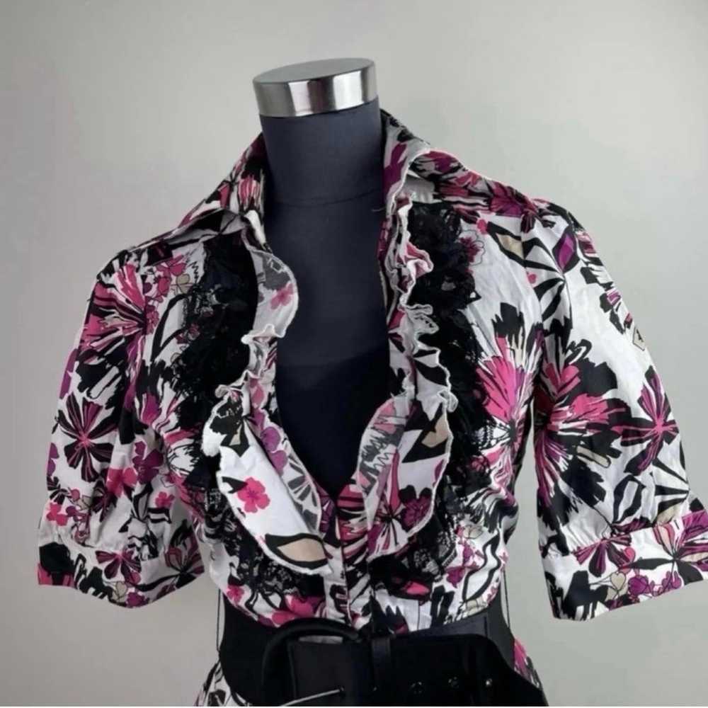 Floral Print Collar Belted Pink Multicolor Ruffle… - image 4