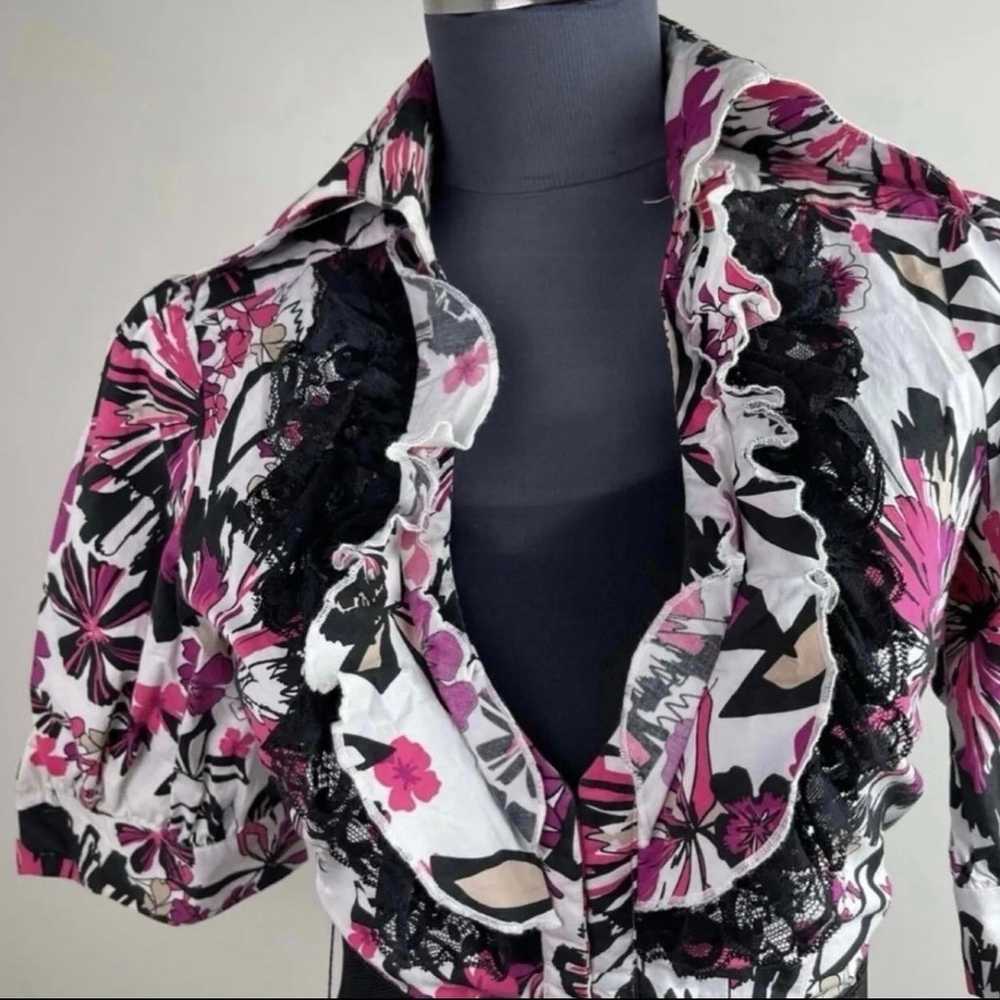 Floral Print Collar Belted Pink Multicolor Ruffle… - image 5