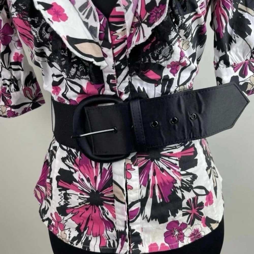 Floral Print Collar Belted Pink Multicolor Ruffle… - image 6