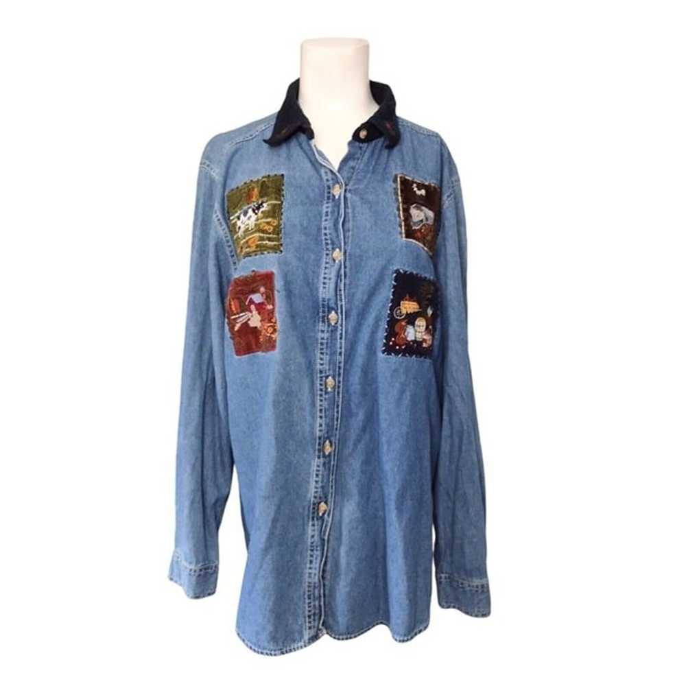 Vtg Bobbie Brooks Denim Patchwork Fall Button Shi… - image 1