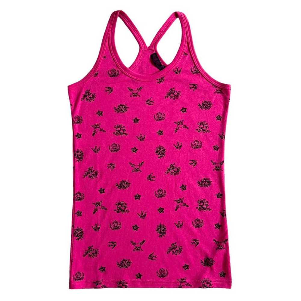 00s Y2K Tattoo Skull Pattern Tank Top Pink Gal Gr… - image 1