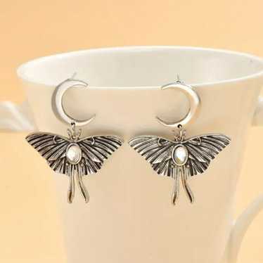 Moth earrings crescent moon Moonstone butterfly j… - image 1