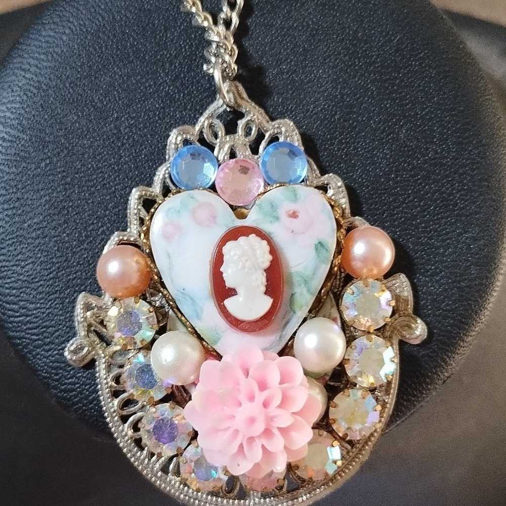 Handmade cameo rhinestone vintage style necklace … - image 1