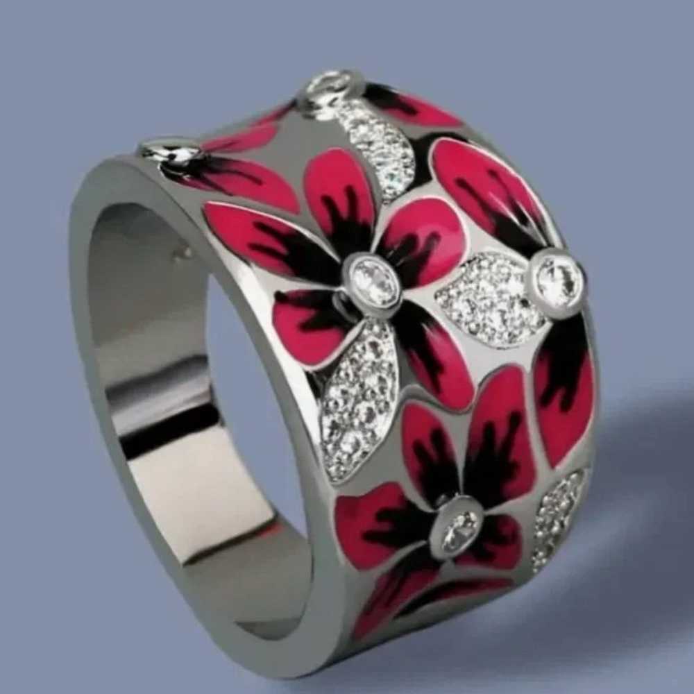 Zircon Enamel Flower Ring - image 1