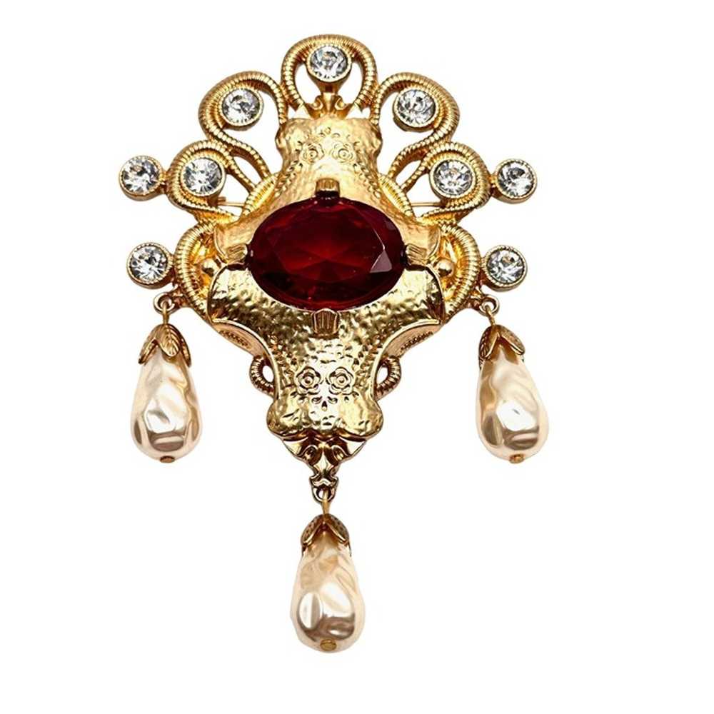 Catwalk Jon BIG Red Glass Rhinestone 4" Gold Tone… - image 1