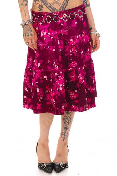 Vintage Y2K Purple Floral Silk Tiered Midi Skirt -