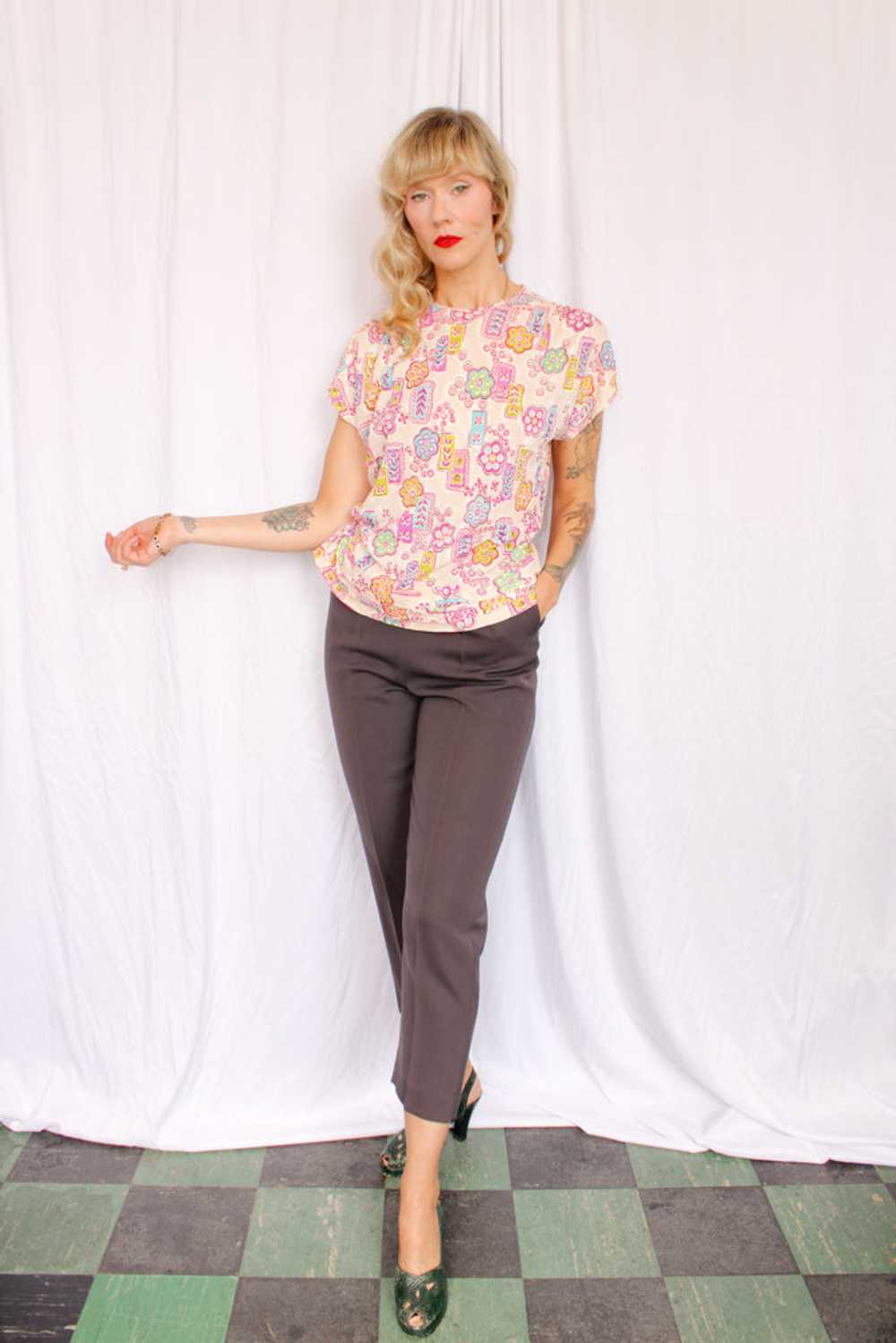 1940s Rayon Jersey Print Top - Large - image 3