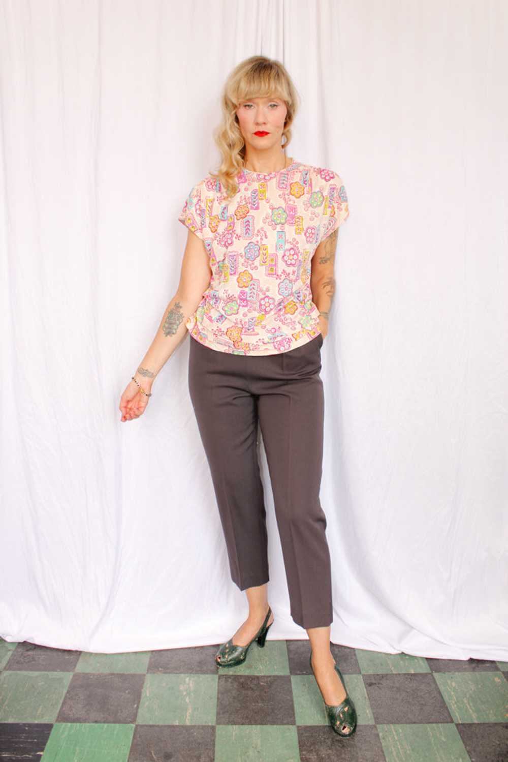 1940s Rayon Jersey Print Top - Large - image 5