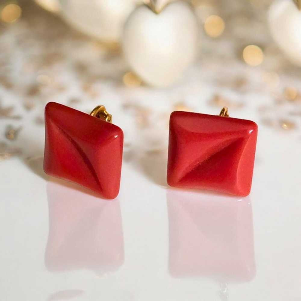 Vintage Red Square Clip-On Earrings Retro Style B… - image 1