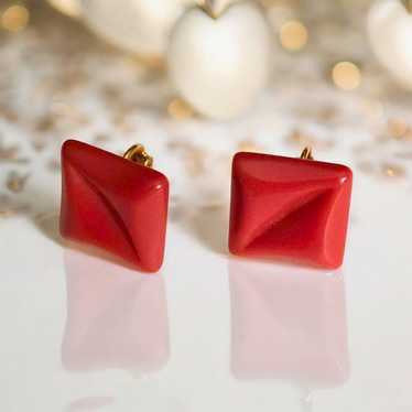 Vintage Red Square Clip-On Earrings Retro Style B… - image 1