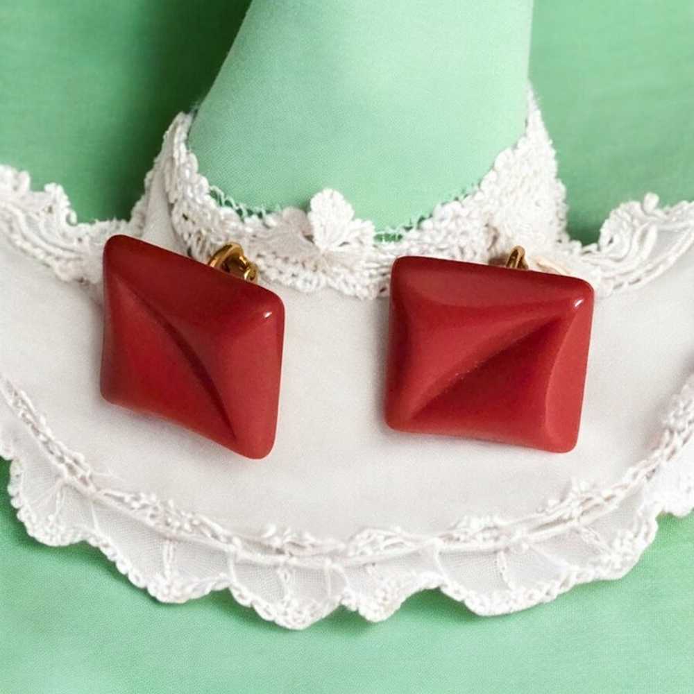 Vintage Red Square Clip-On Earrings Retro Style B… - image 4