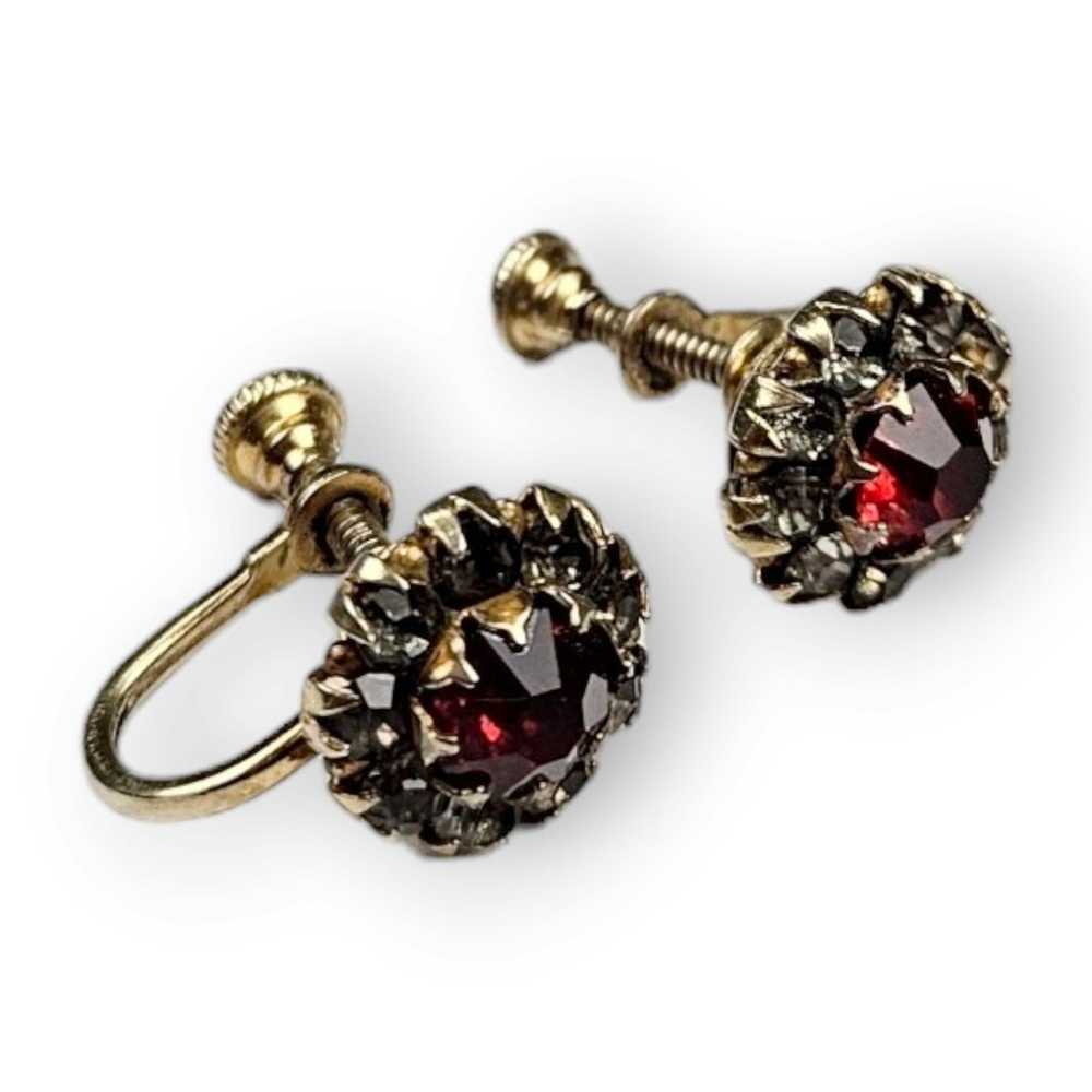 Vintage Flower Vermeil Sterling Earrings Red Rhin… - image 2