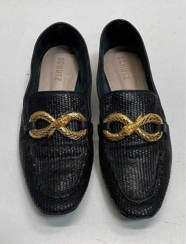 Schutz Black Snake Embossed Leather Buckle Loafers