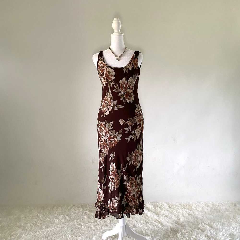 Vintage Eva Blue Brown Floral Asymmetrical Dress - image 2