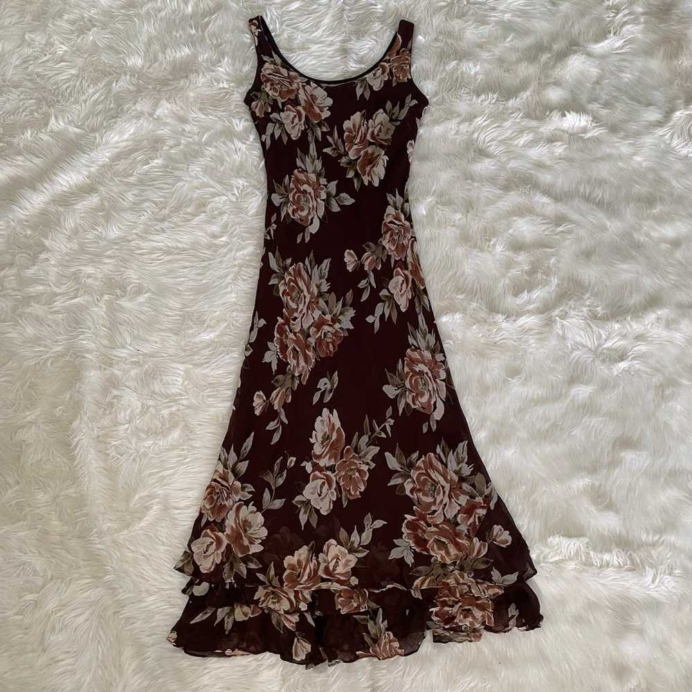 Vintage Eva Blue Brown Floral Asymmetrical Dress - image 4