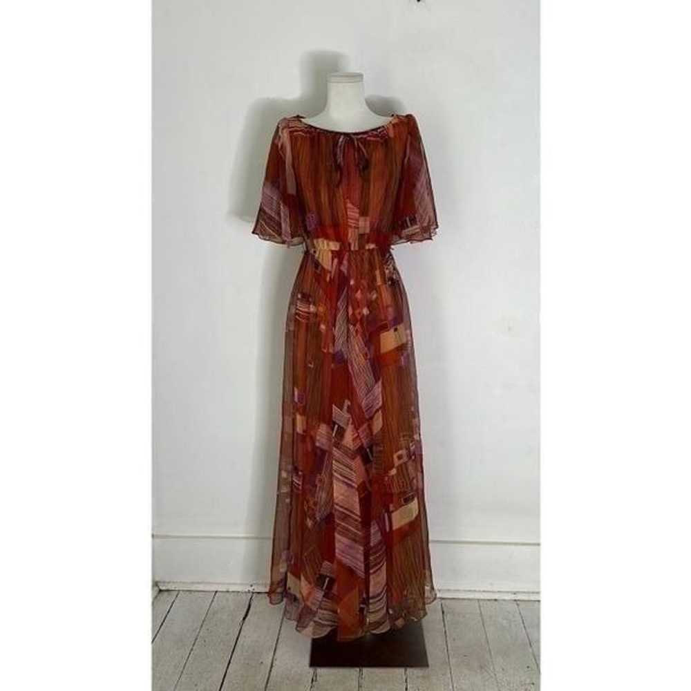 Vintage 70s Geometric Chiffon Flutter Sleeve Maxi… - image 1