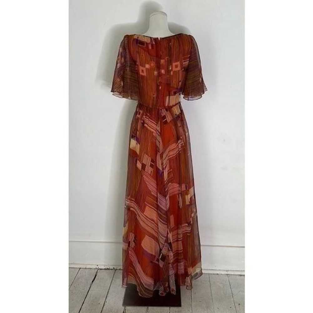 Vintage 70s Geometric Chiffon Flutter Sleeve Maxi… - image 7