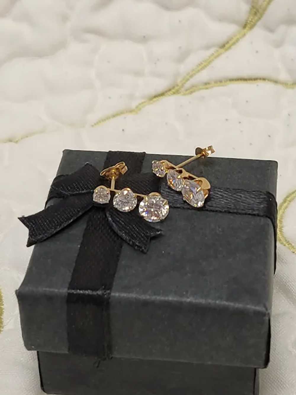 14K Gold Three Stone CZ Stud Earrings - image 4