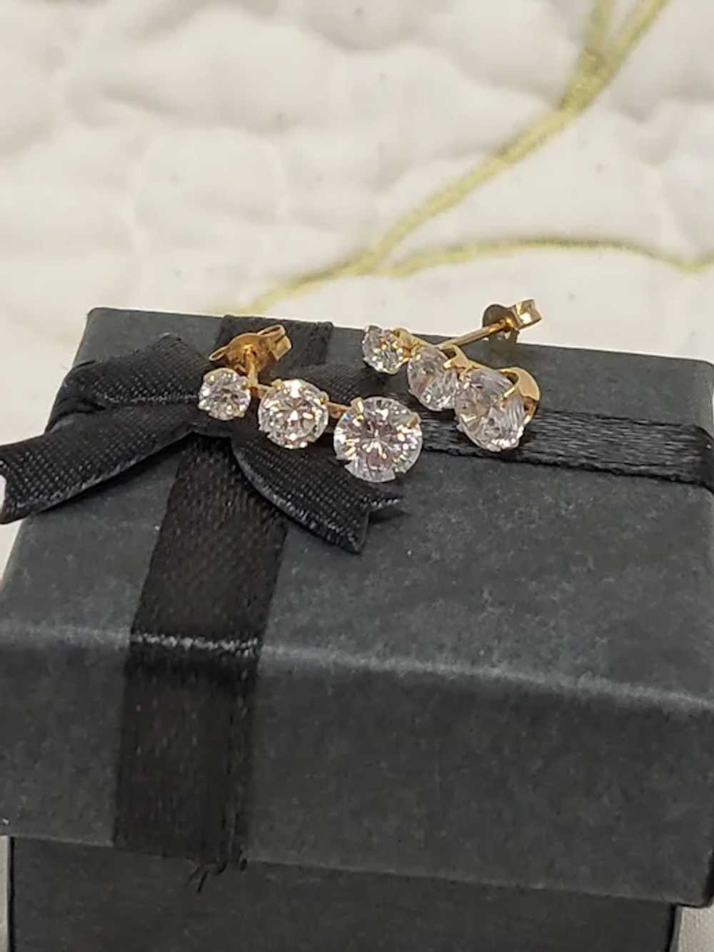 14K Gold Three Stone CZ Stud Earrings - image 5