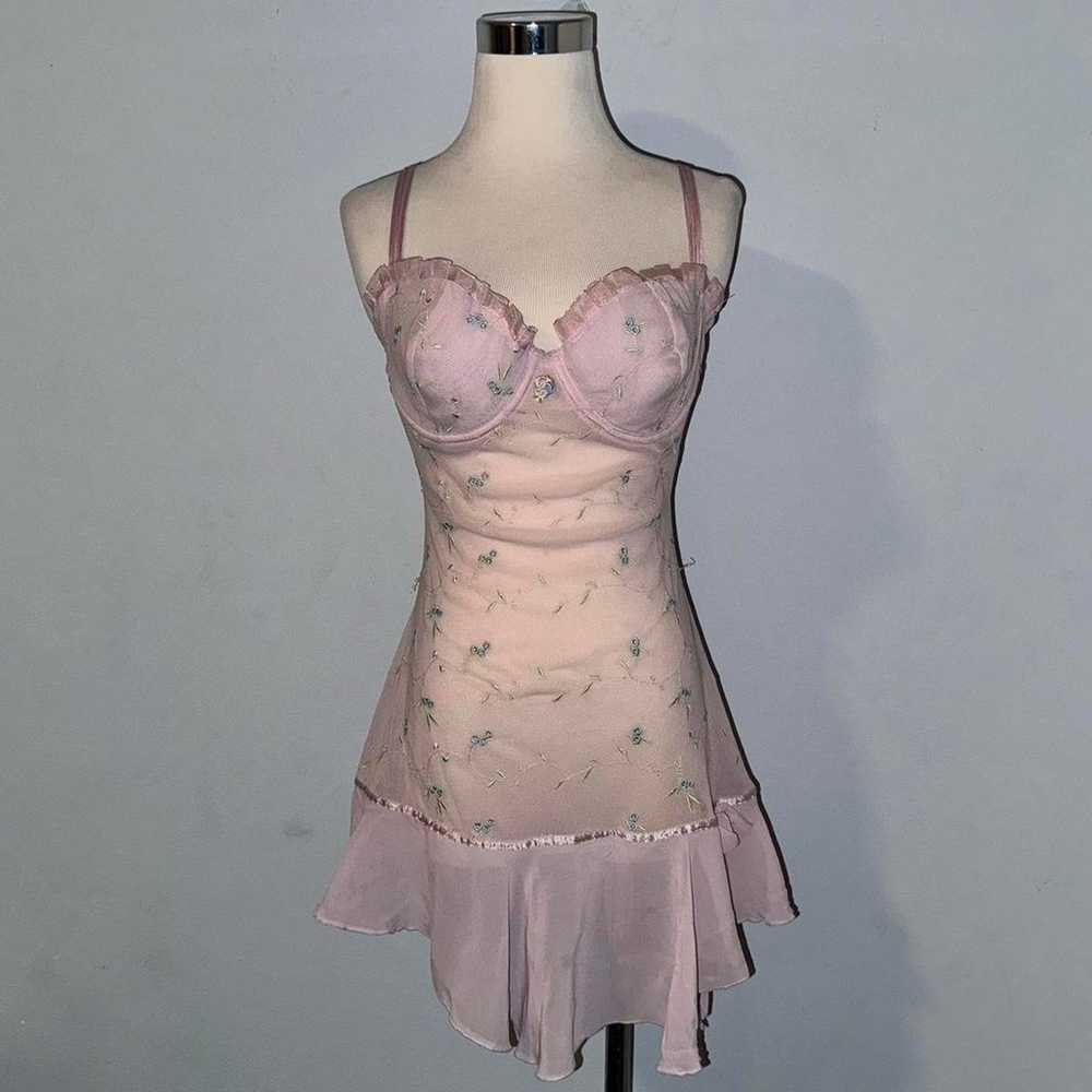 Y2K pink floral lingerie slip dress mesh asymmetr… - image 1