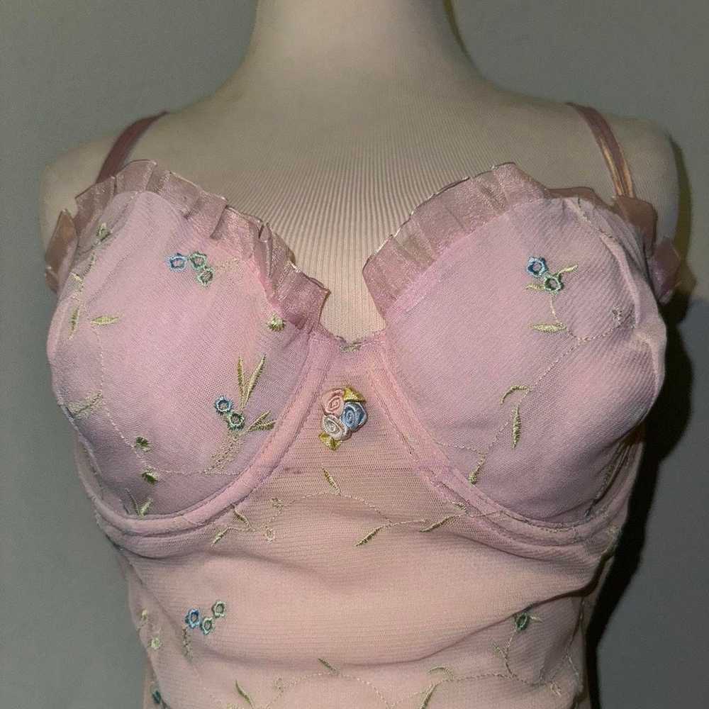 Y2K pink floral lingerie slip dress mesh asymmetr… - image 3