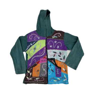 y2k Hippie patchwork Bohemian rainbow zip up hood… - image 1