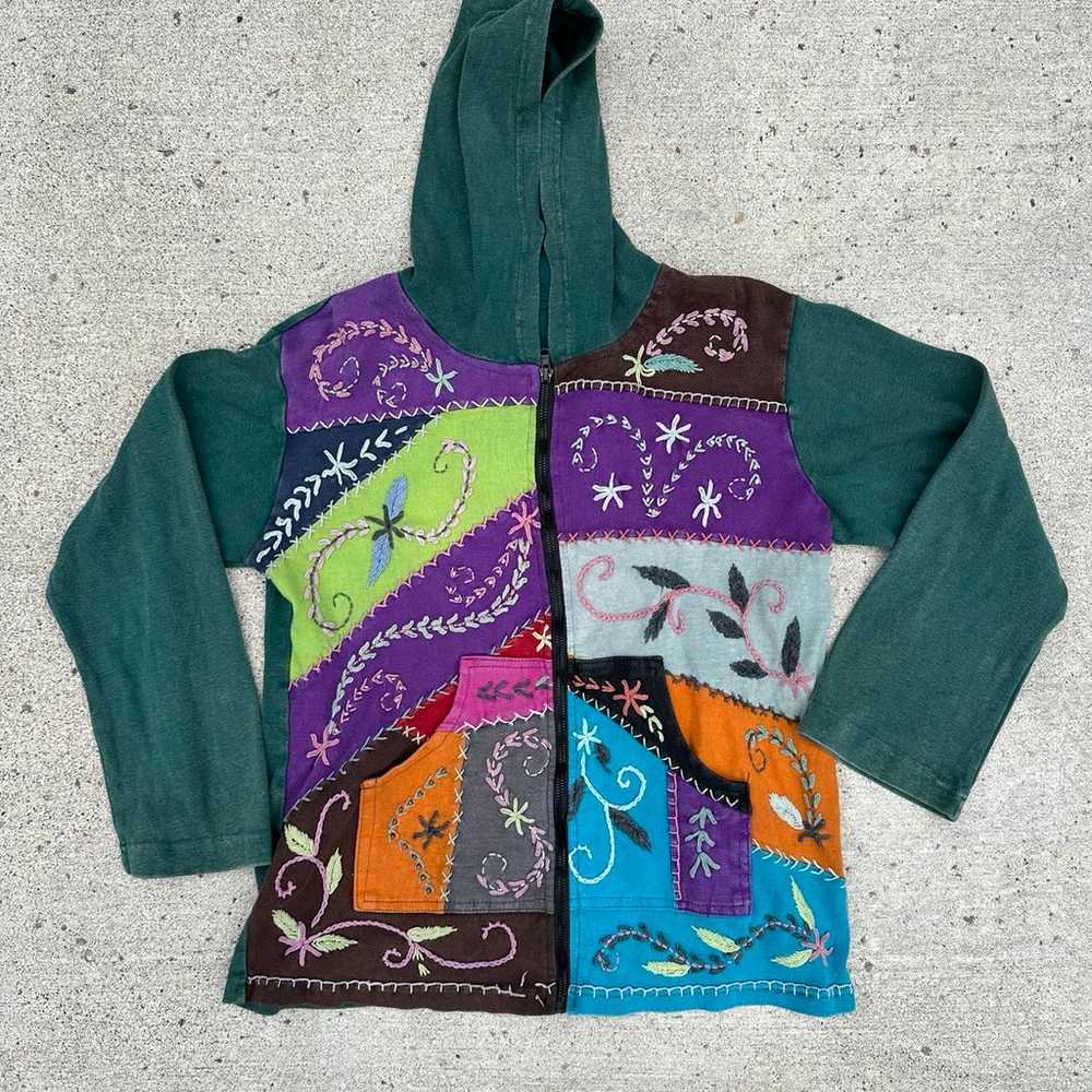 y2k Hippie patchwork Bohemian rainbow zip up hood… - image 2