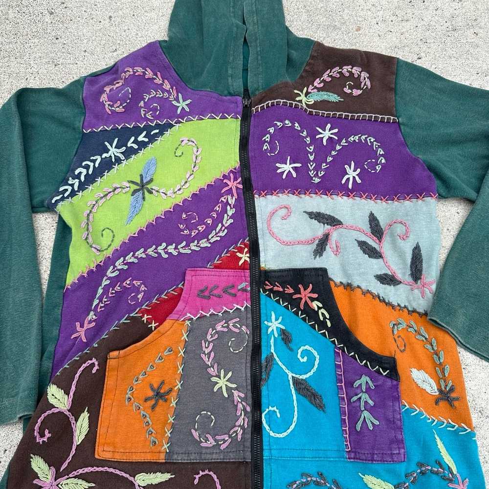 y2k Hippie patchwork Bohemian rainbow zip up hood… - image 3