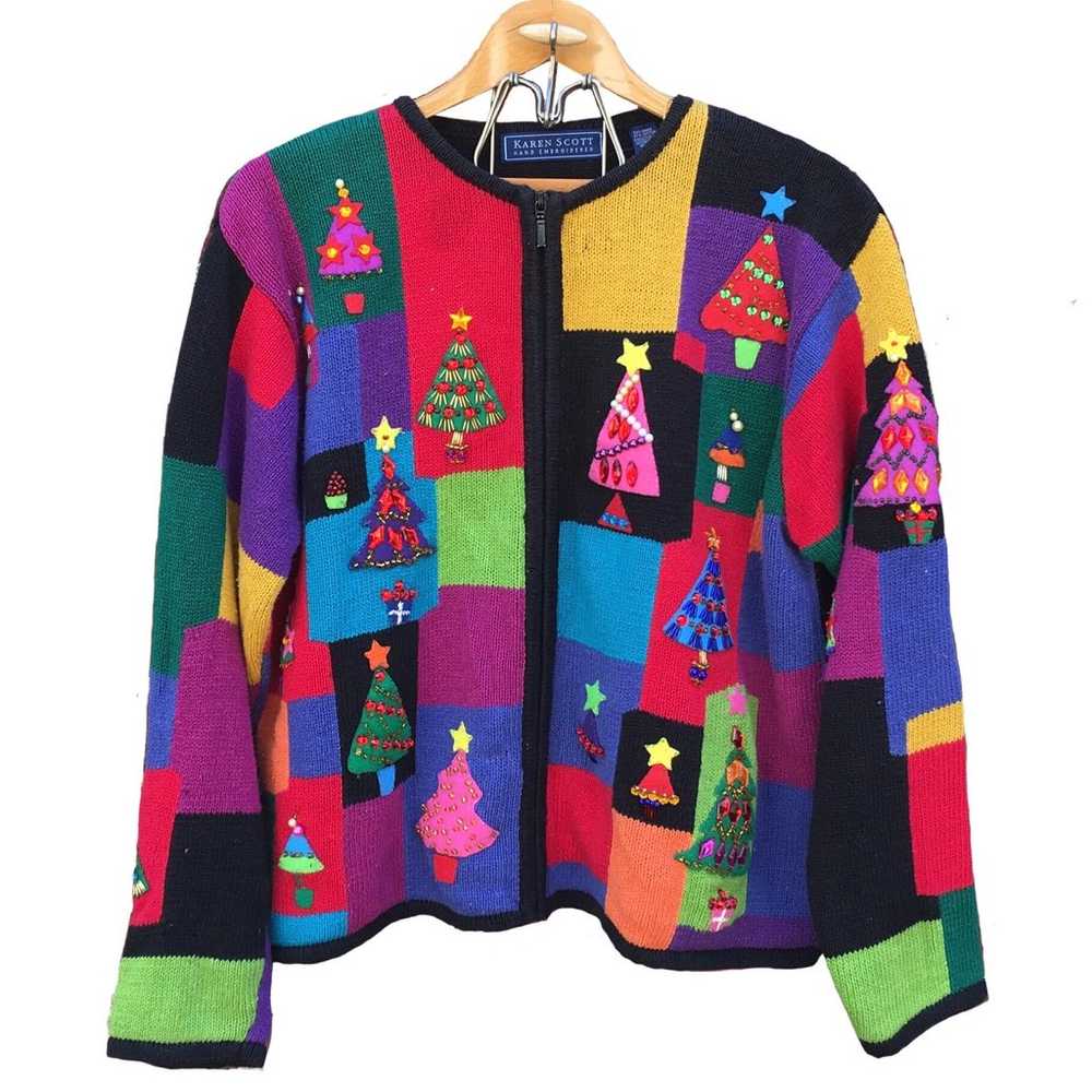 Vintage Christmas Sweater Zip Cardigan Bejeweled … - image 1