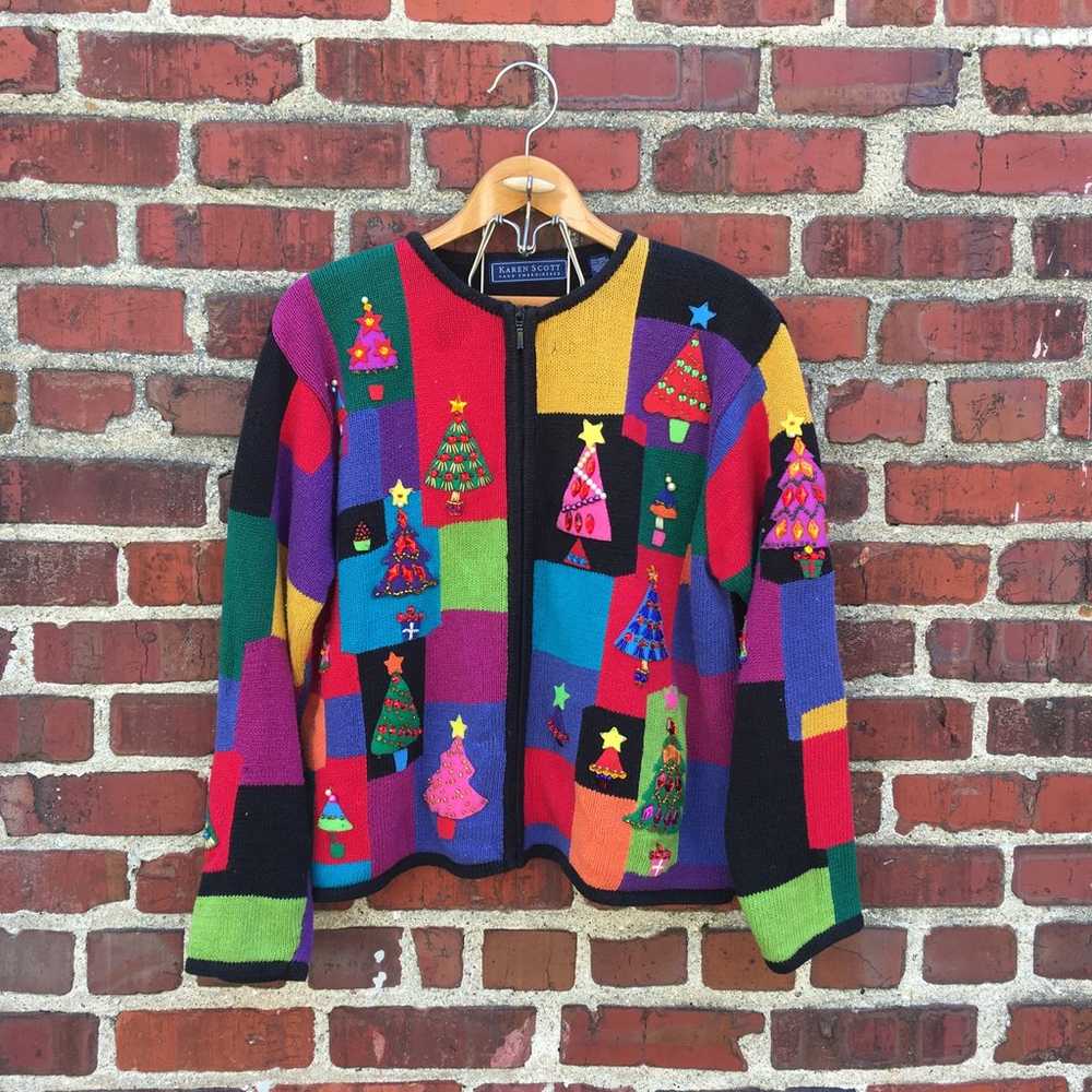 Vintage Christmas Sweater Zip Cardigan Bejeweled … - image 2