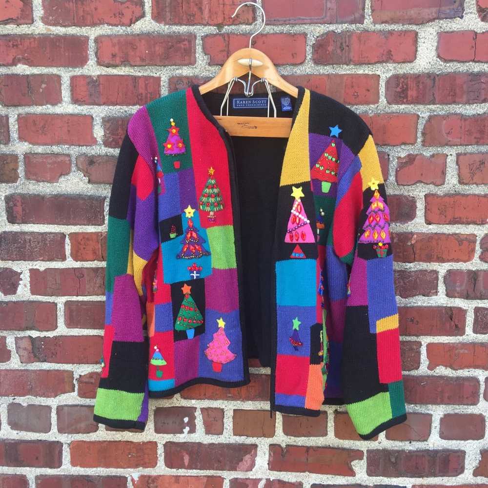 Vintage Christmas Sweater Zip Cardigan Bejeweled … - image 3