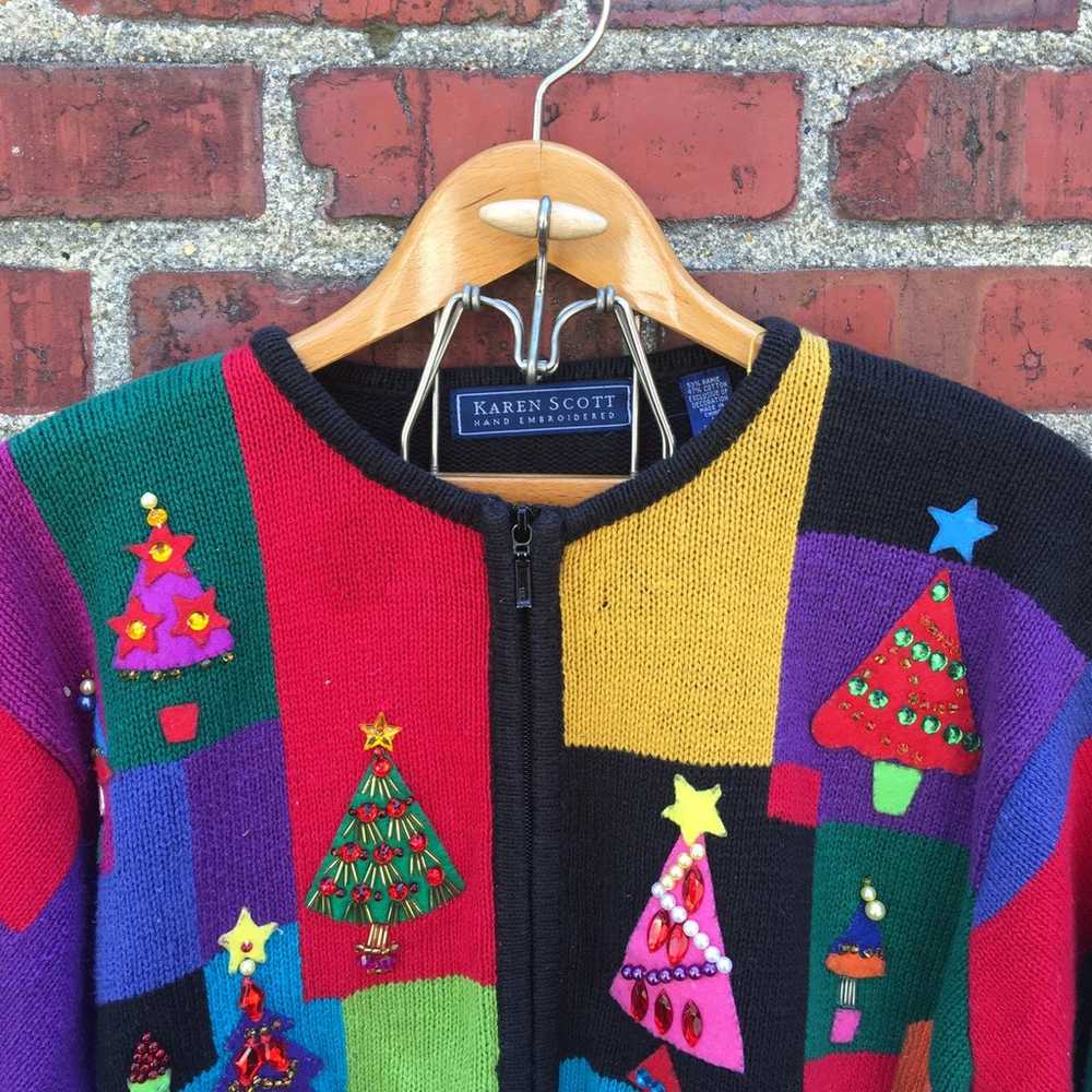 Vintage Christmas Sweater Zip Cardigan Bejeweled … - image 4