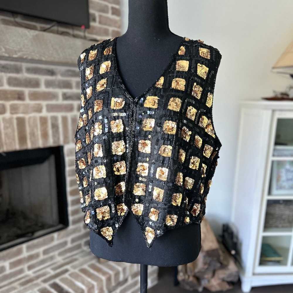 Sweet Sue Vintage Gold Sequin Vest | Black and Go… - image 12