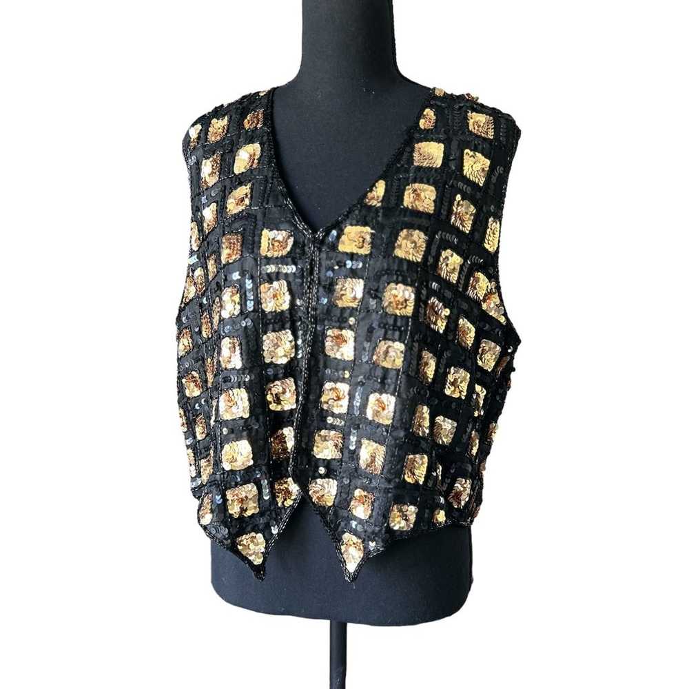 Sweet Sue Vintage Gold Sequin Vest | Black and Go… - image 1