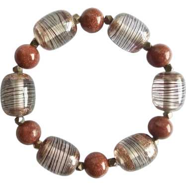 Striped Art Glass Barrel Beads and Sunstone Stretc