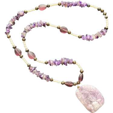 Amethyst Chip, Faux Pearl, Glass Beaded Necklace … - image 1