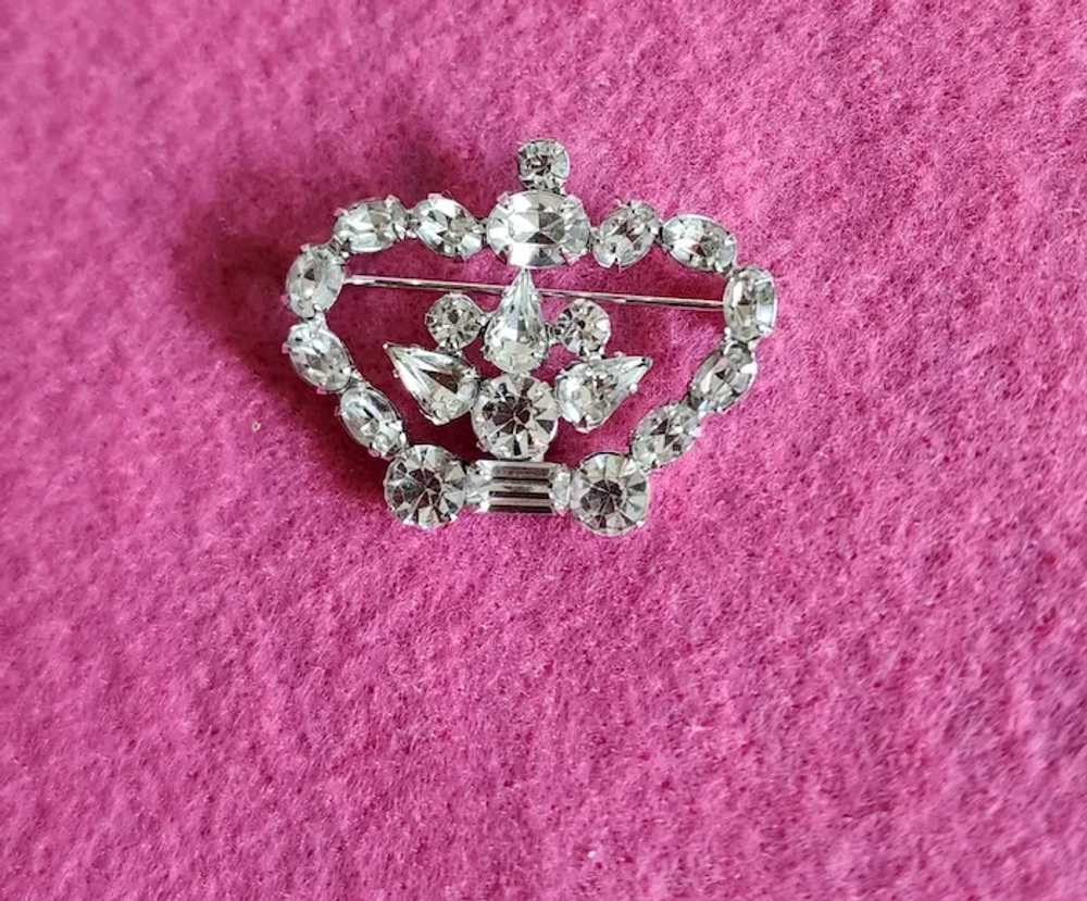 "Vintage Crystal Rhinestone Crown Brooch Pin" - image 2