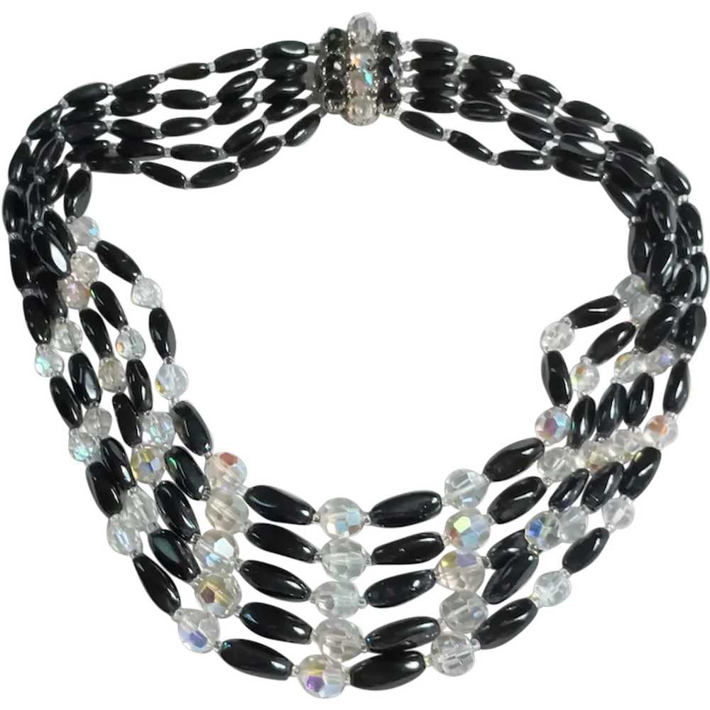 Five strand black glass ab crystal bead bib neckl… - image 1