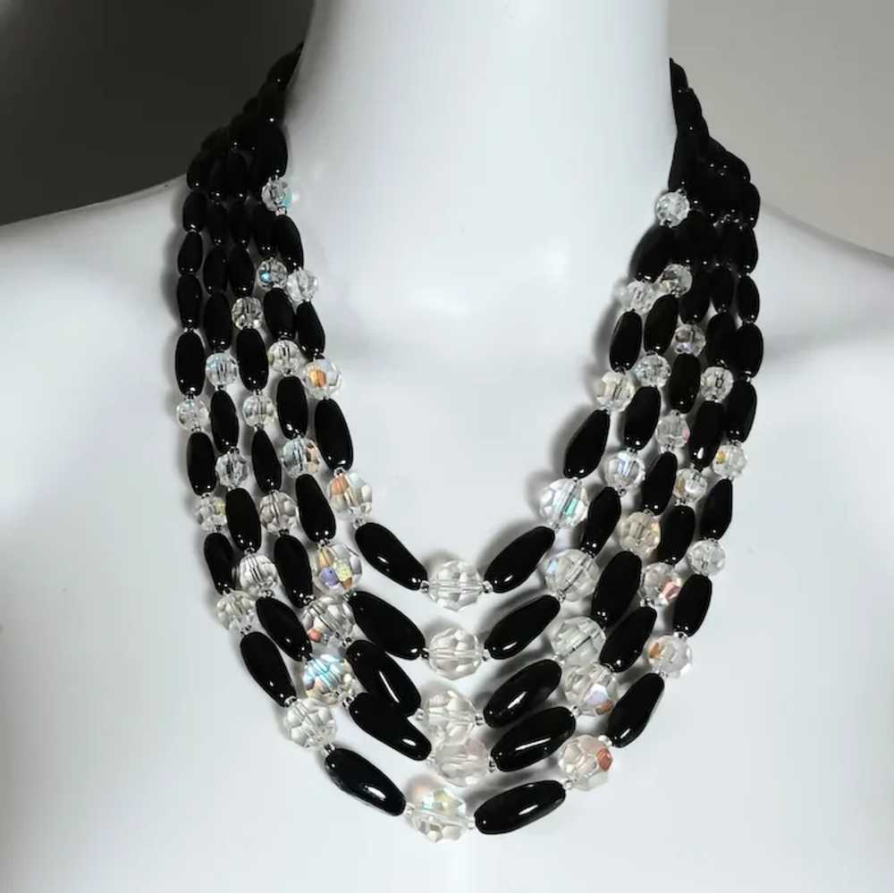 Five strand black glass ab crystal bead bib neckl… - image 7